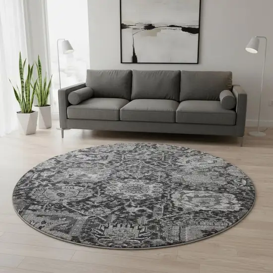 8' X 8' Gray Silver And Charcoal Damask Washable Round Rug With UV Protection Photo 2
