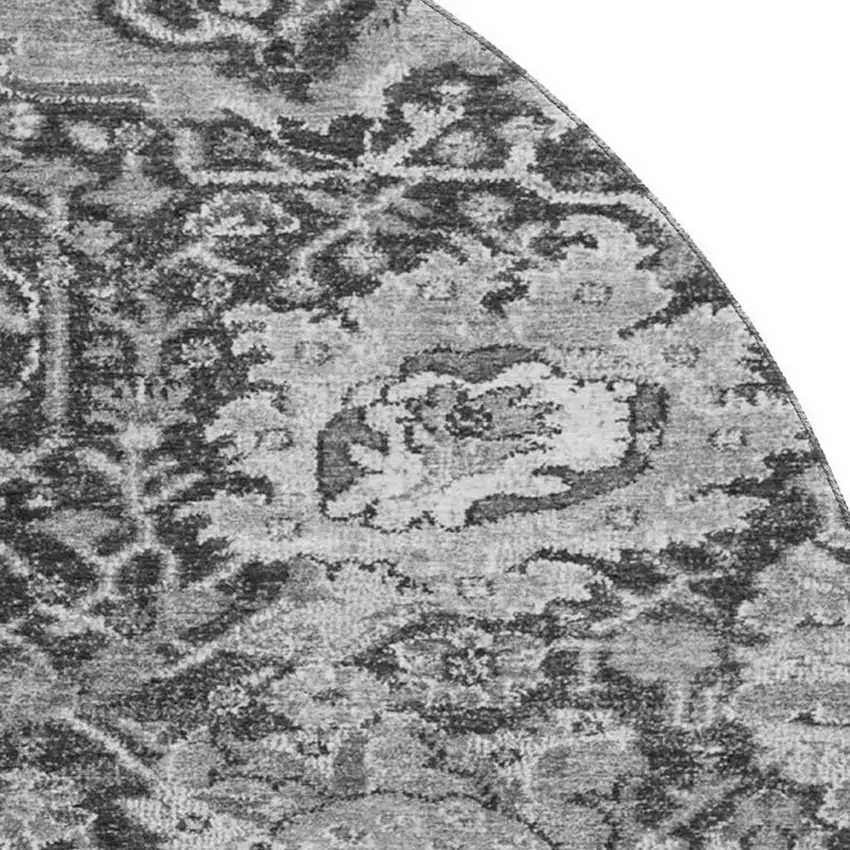 8' X 8' Gray Silver And Charcoal Damask Washable Round Rug With UV Protection Photo 2