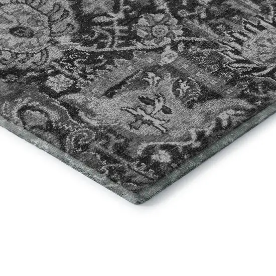 8' X 8' Gray Silver And Charcoal Damask Washable Round Rug With UV Protection Photo 6