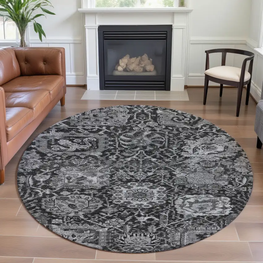 8' X 8' Gray Silver And Charcoal Damask Washable Round Rug With UV Protection Photo 4