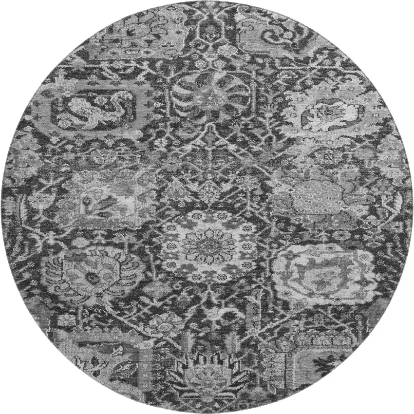 8' X 8' Gray Silver And Charcoal Damask Washable Round Rug With UV Protection Photo 1