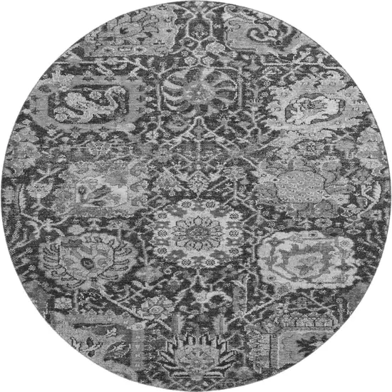 8' X 8' Gray Silver And Charcoal Damask Washable Round Rug With UV Protection Photo 1