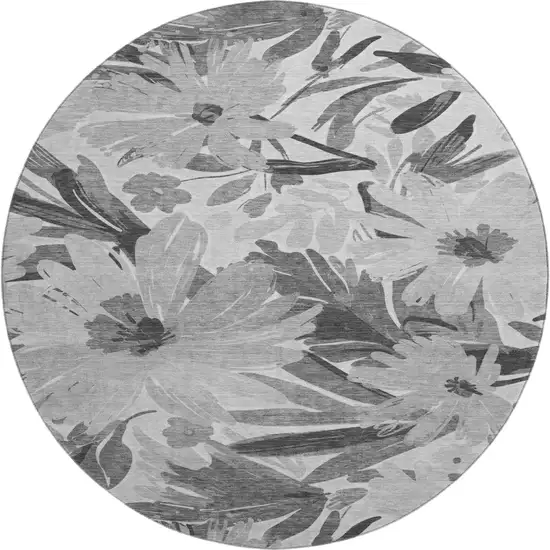 8' X 8' Gray Silver And Charcoal Floral Washable Round Rug With UV Protection Photo 1