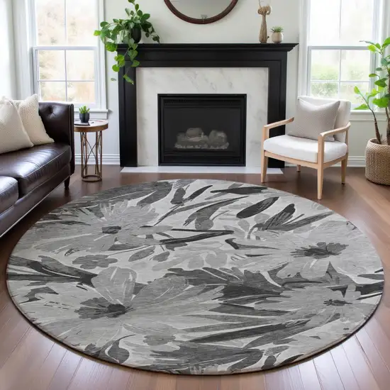 8' X 8' Gray Silver And Charcoal Floral Washable Round Rug With UV Protection Photo 4