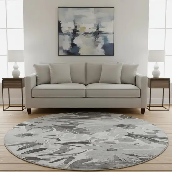 8' X 8' Gray Silver And Charcoal Floral Washable Round Rug With UV Protection Photo 2