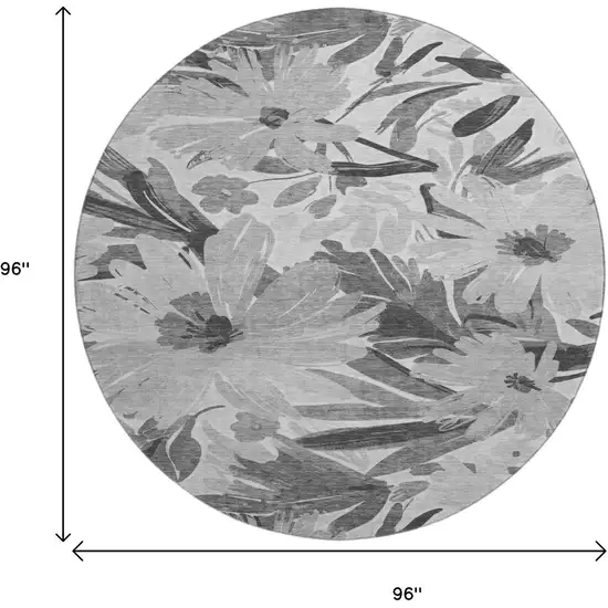 8' X 8' Gray Silver And Charcoal Floral Washable Round Rug With UV Protection Photo 9