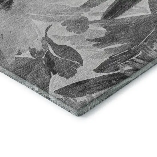 8' X 8' Gray Silver And Charcoal Floral Washable Round Rug With UV Protection Photo 6