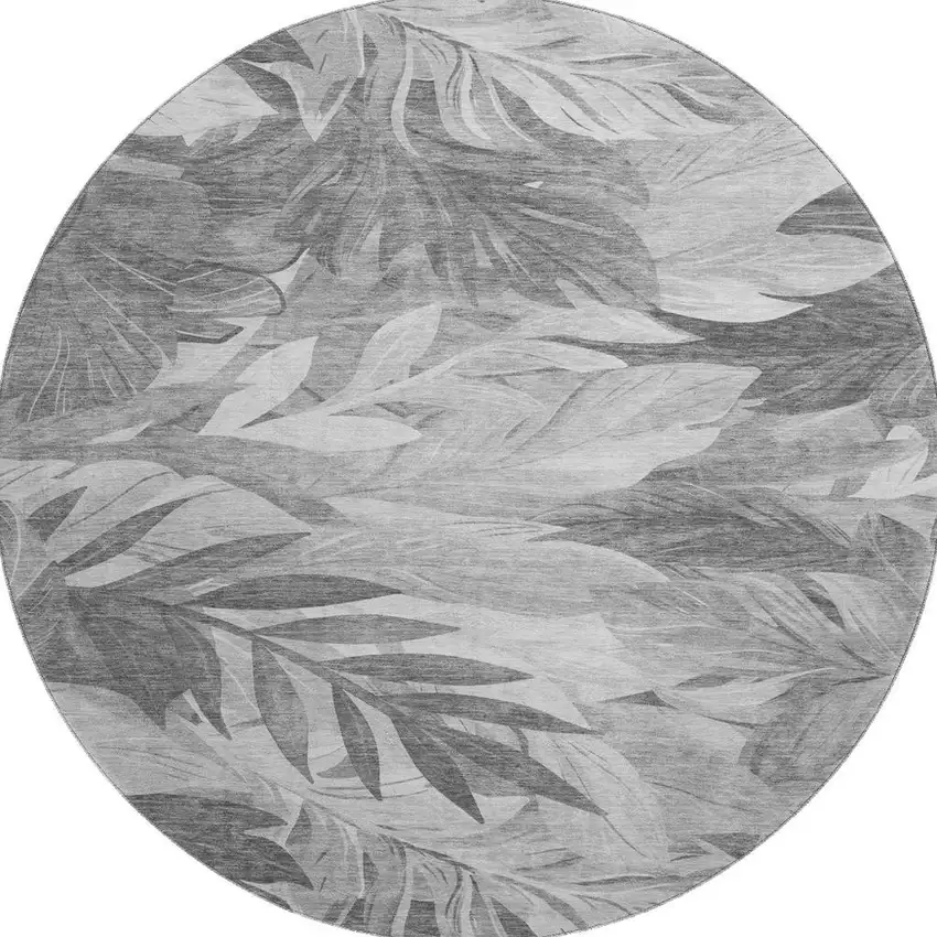 8' X 8' Gray Silver And Charcoal Floral Washable Round Rug With UV Protection Photo 2