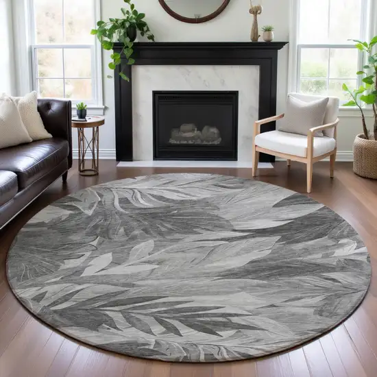 8' X 8' Gray Silver And Charcoal Floral Washable Round Rug With UV Protection Photo 4