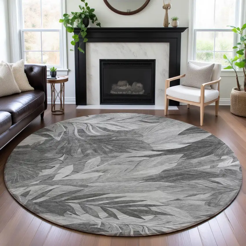 8' X 8' Gray Silver And Charcoal Floral Washable Round Rug With UV Protection Photo 4