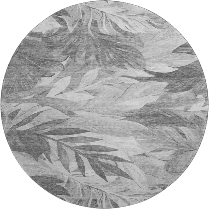 8' X 8' Gray Silver And Charcoal Floral Washable Round Rug With UV Protection Photo 1