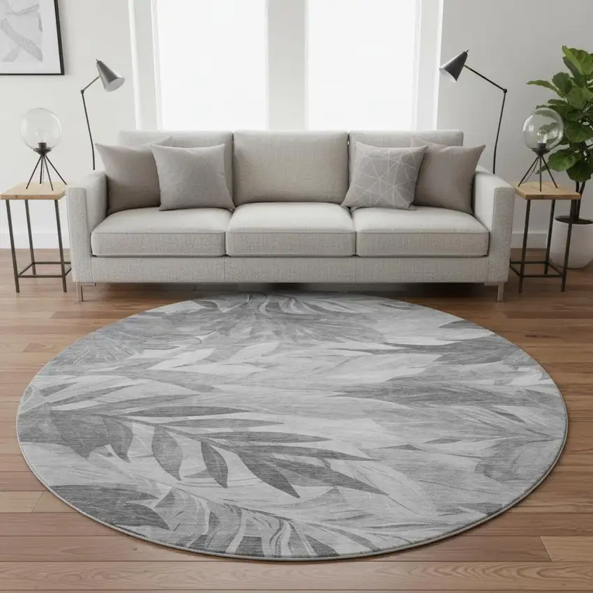 8' X 8' Gray Silver And Charcoal Floral Washable Round Rug With UV Protection Photo 2