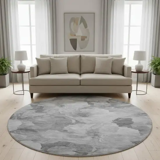 8' X 8' Gray Silver And Charcoal Floral Washable Round Rug With UV Protection Photo 2