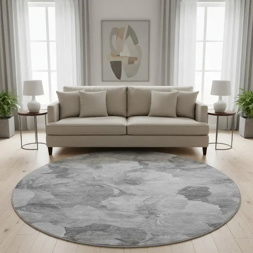 8' X 8' Gray Silver And Charcoal Floral Washable Round Rug With UV Protection Photo 2