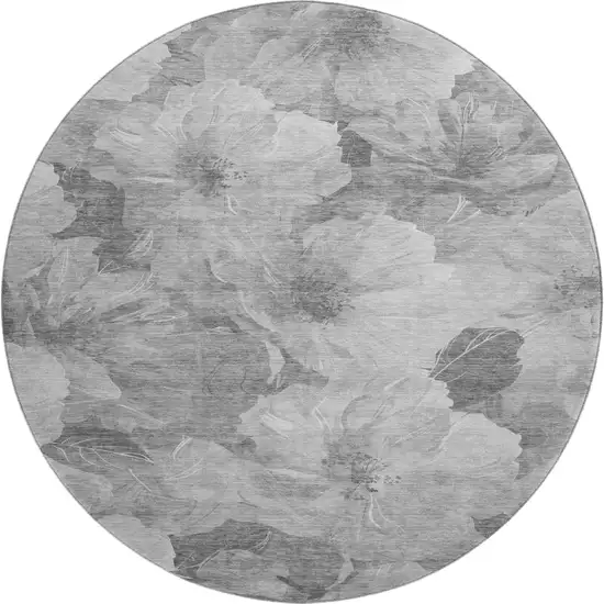8' X 8' Gray Silver And Charcoal Floral Washable Round Rug With UV Protection Photo 1