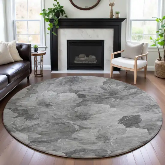 8' X 8' Gray Silver And Charcoal Floral Washable Round Rug With UV Protection Photo 3
