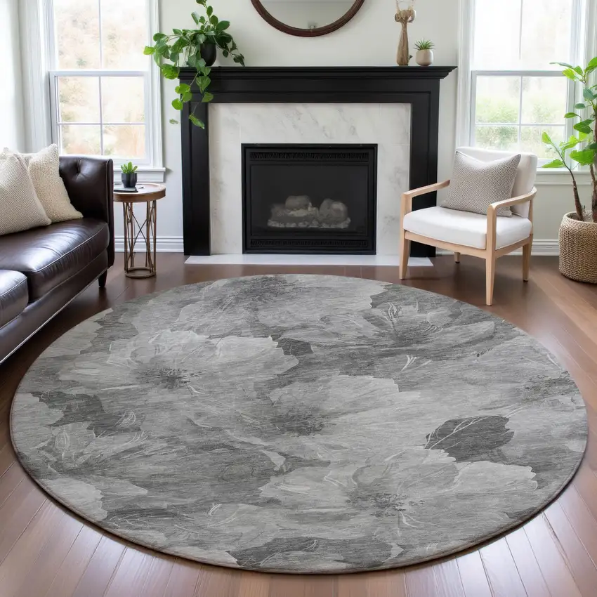 8' X 8' Gray Silver And Charcoal Floral Washable Round Rug With UV Protection Photo 3