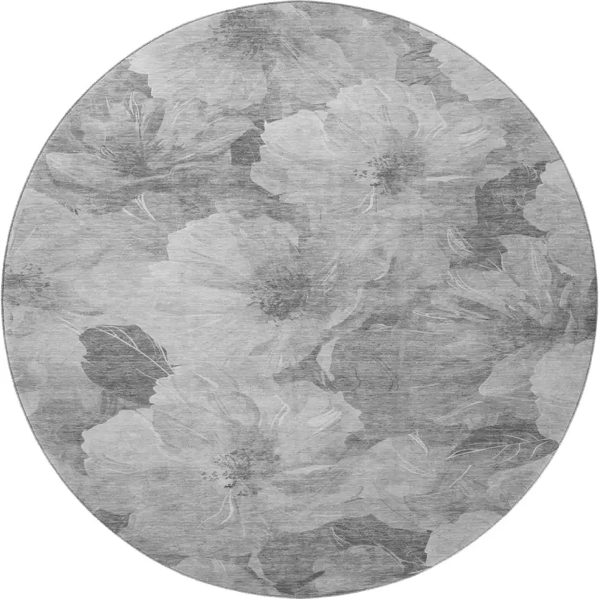 8' X 8' Gray Silver And Charcoal Floral Washable Round Rug With UV Protection Photo 2