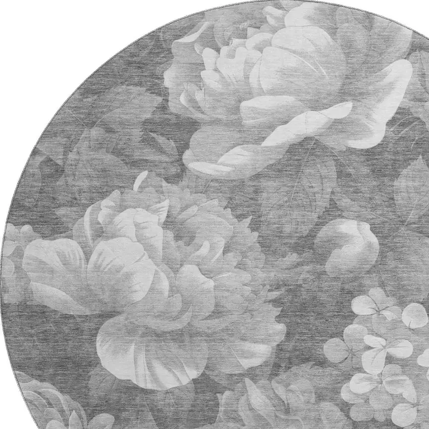 8' X 8' Gray Silver And Charcoal Floral Washable Round Rug With UV Protection Photo 2