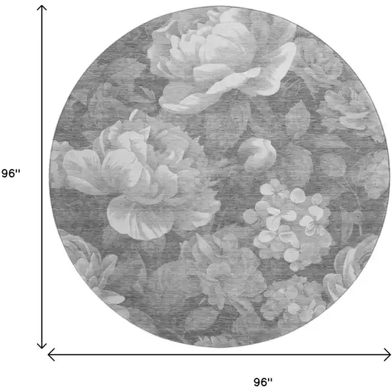 8' X 8' Gray Silver And Charcoal Floral Washable Round Rug With UV Protection Photo 9