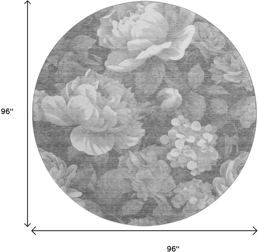 8' X 8' Gray Silver And Charcoal Floral Washable Round Rug With UV Protection Photo 9