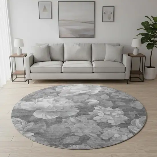 8' X 8' Gray Silver And Charcoal Floral Washable Round Rug With UV Protection Photo 2