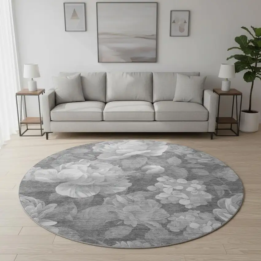 8' X 8' Gray Silver And Charcoal Floral Washable Round Rug With UV Protection Photo 2