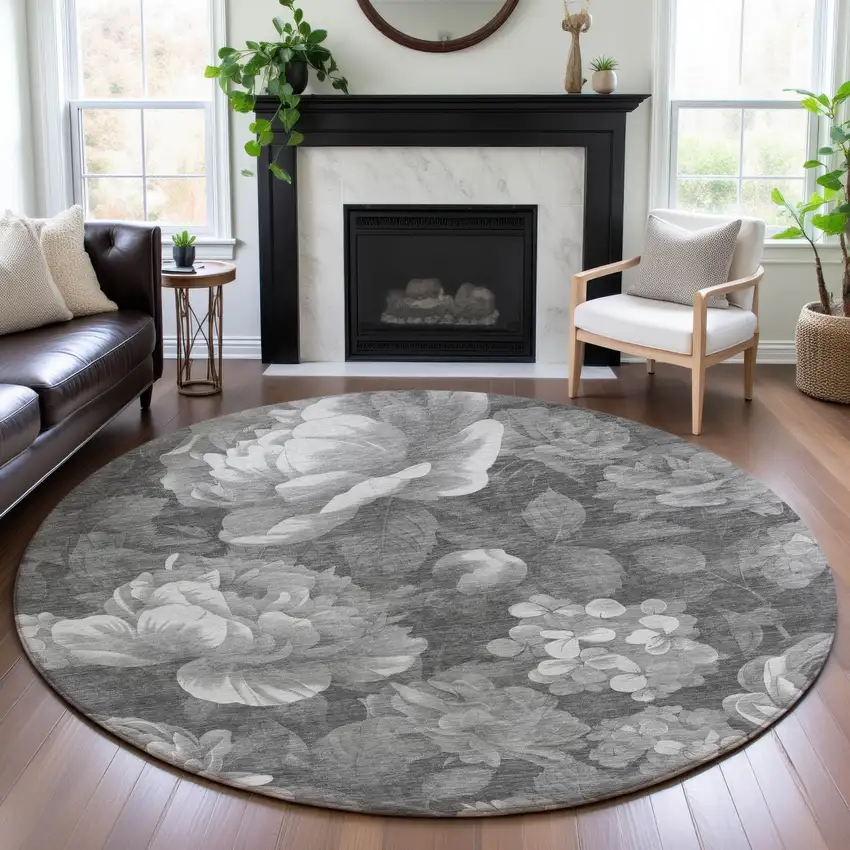 8' X 8' Gray Silver And Charcoal Floral Washable Round Rug With UV Protection Photo 4