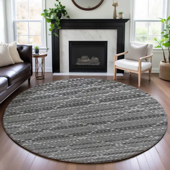 8' X 8' Gray Silver And Charcoal Geometric Washable Round Rug With UV Protection Photo 4