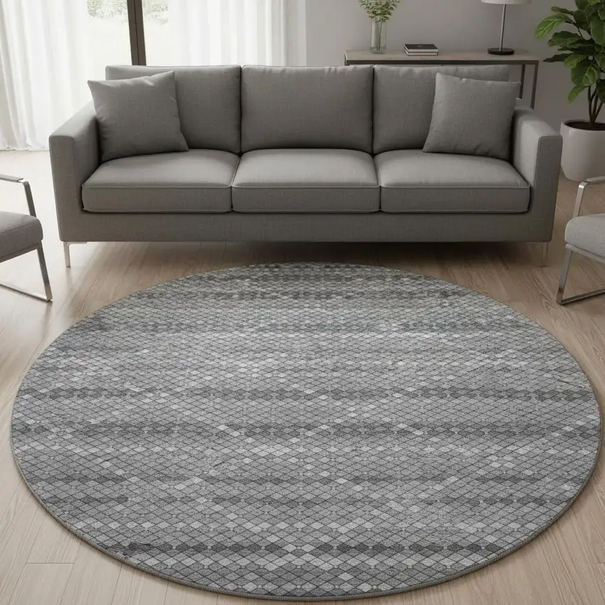 8' X 8' Gray Silver And Charcoal Geometric Washable Round Rug With UV Protection Photo 2