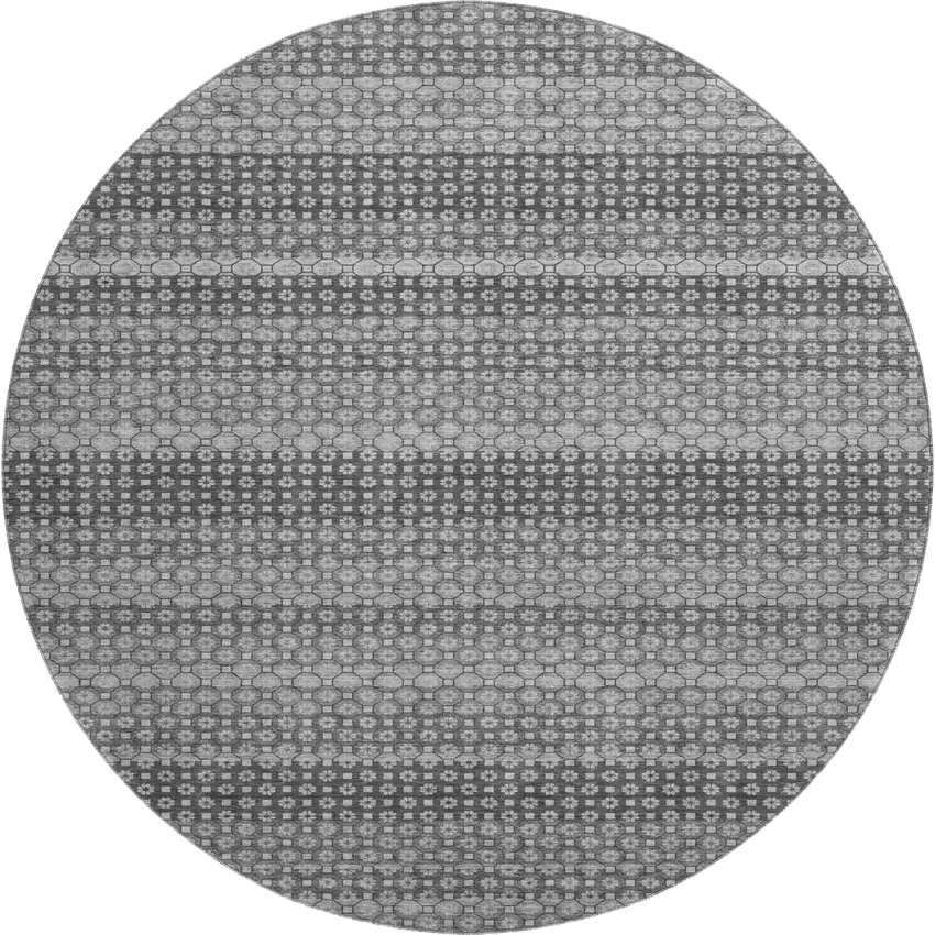 8' X 8' Gray Silver And Charcoal Striped Washable Round Rug With UV Protection Photo 1