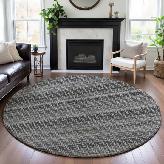 8' X 8' Gray Silver And Charcoal Striped Washable Round Rug With UV Protection Photo 4