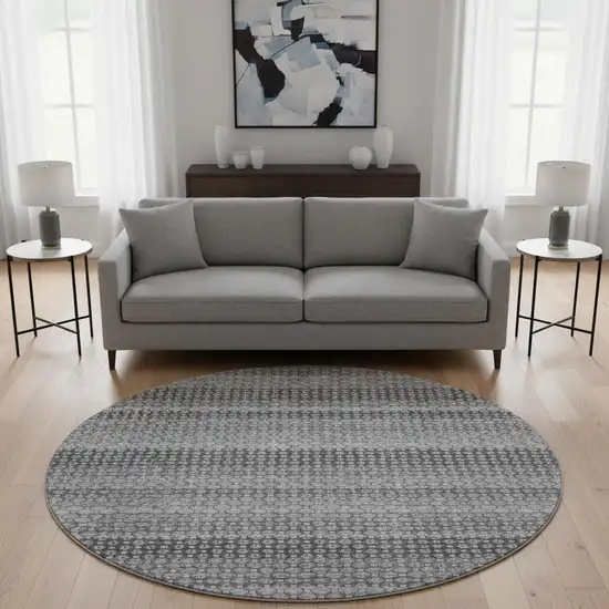 8' X 8' Gray Silver And Charcoal Striped Washable Round Rug With UV Protection Photo 2