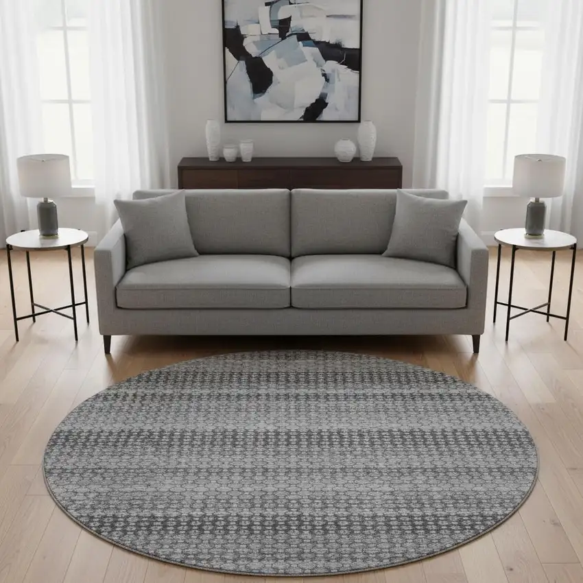 8' X 8' Gray Silver And Charcoal Striped Washable Round Rug With UV Protection Photo 2