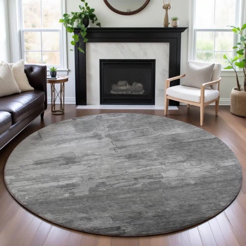 8' X 8' Gray Silver And Charcoal Striped Washable Round Rug With UV Protection Photo 4