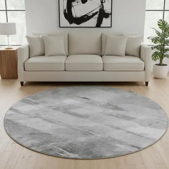 8' X 8' Gray Silver And Charcoal Striped Washable Round Rug With UV Protection Photo 2
