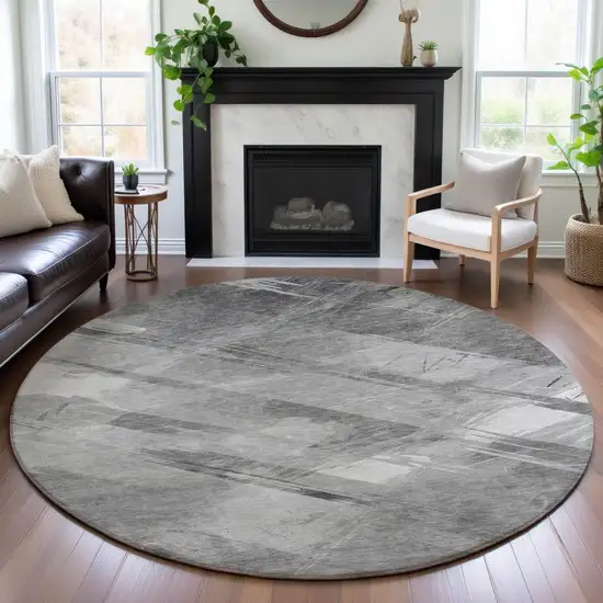 8' X 8' Gray Silver And Charcoal Striped Washable Round Rug With UV Protection Photo 3