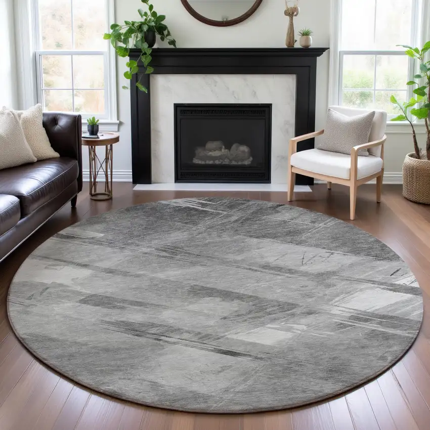 8' X 8' Gray Silver And Charcoal Striped Washable Round Rug With UV Protection Photo 3