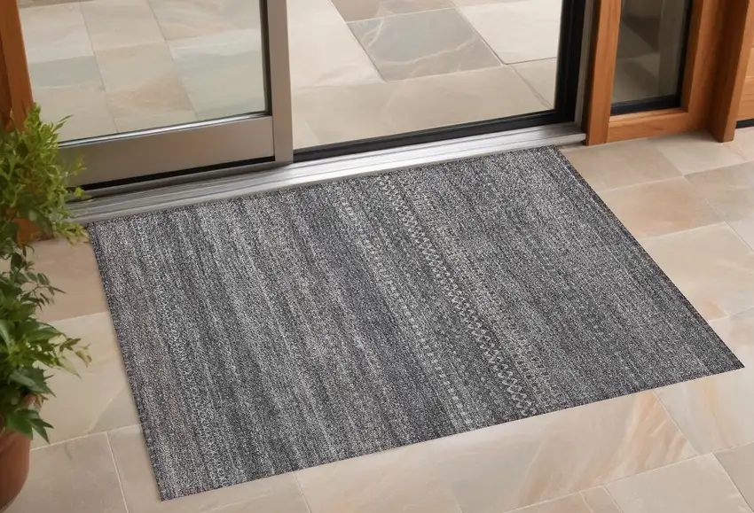 3' X 5' Gray Striped Washable Non Skid Indoor Outdoor Area Rug Photo 1