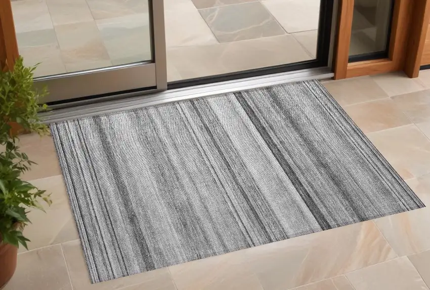 Gray Striped Washable Non Skid Indoor Outdoor Area Rug Photo 1