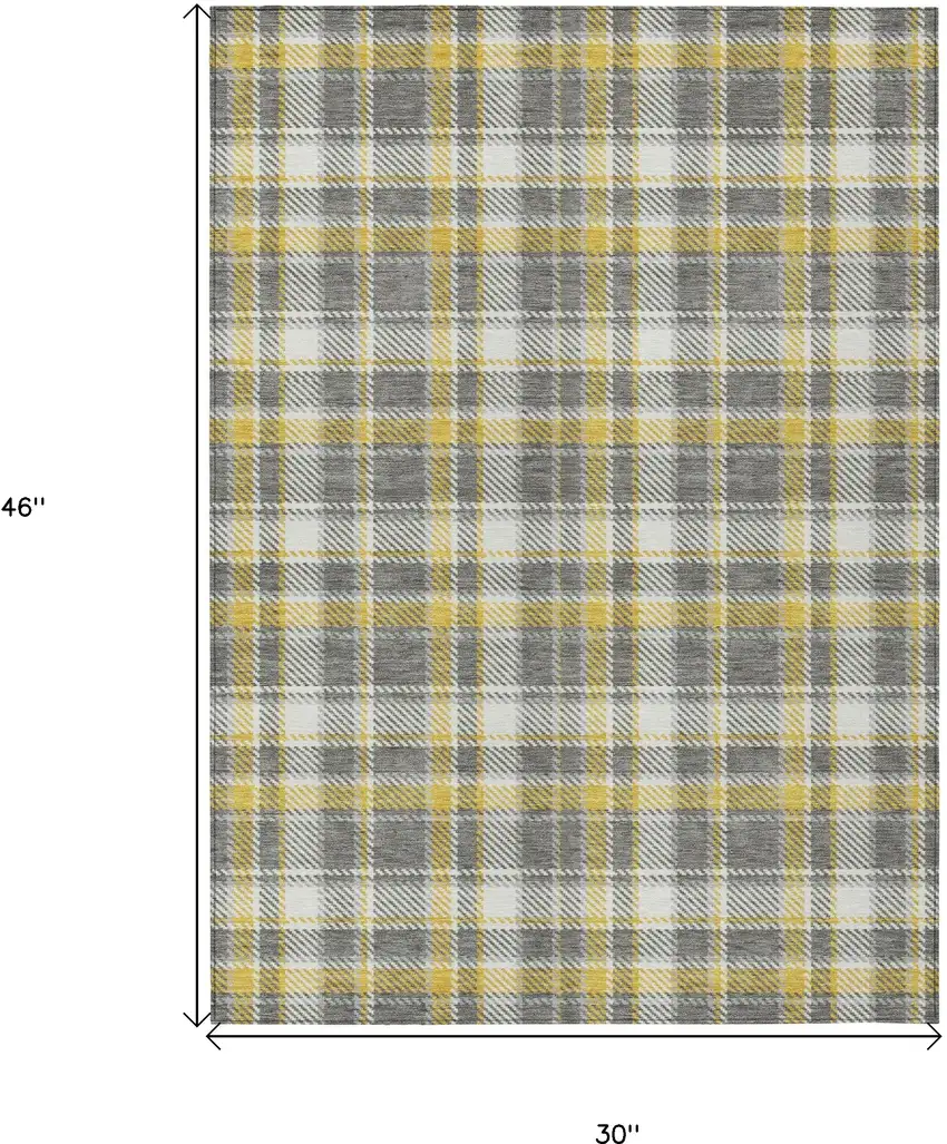 3' X 4' Gray Yellow and White Plaid Washable Non Skid Indoor Outdoor Area Rug Photo 3