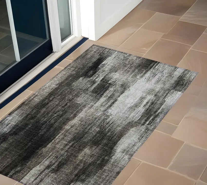Gray and Black Abstract Washable Non Skid Indoor Outdoor Area Rug Photo 1