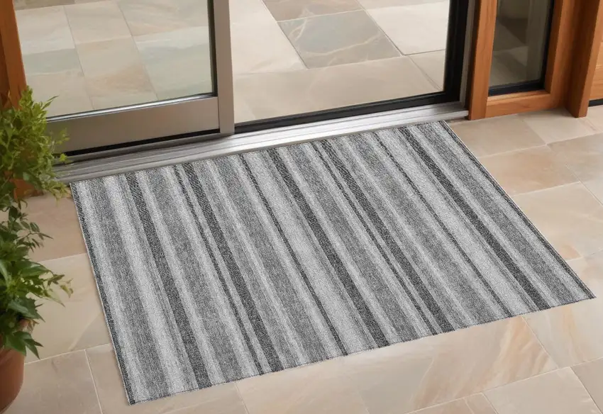 Gray and Black Striped Washable Non Skid Indoor Outdoor Area Rug Photo 1