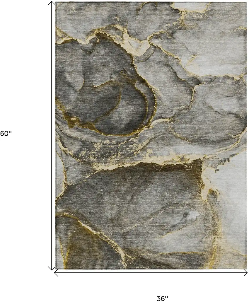 Gray and Gold Abstract Washable Non Skid Indoor Outdoor Area Rug Photo 3