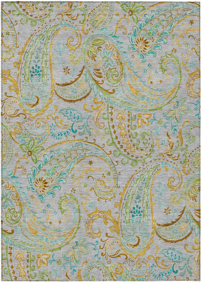 Gray and Gold Paisley Washable Non Skid Indoor Outdoor Area Rug Photo 2