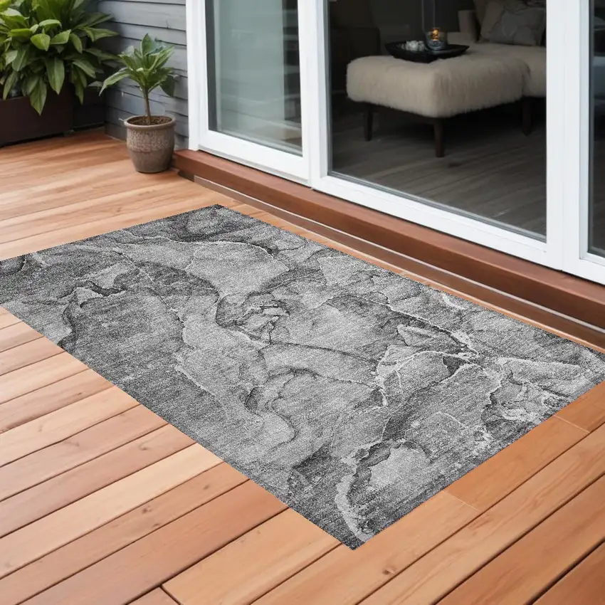 Gray and Ivory Abstract Washable Non Skid Indoor Outdoor Area Rug Photo 1