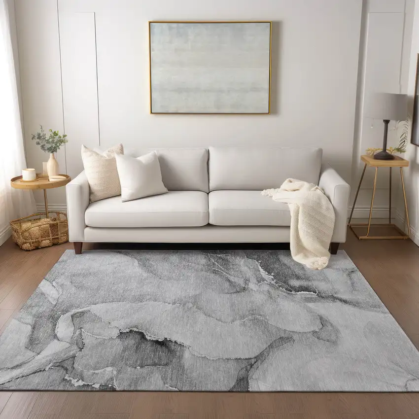 3' X 5' Gray and Ivory Abstract Washable Non Skid Indoor Outdoor Area Rug Photo 7