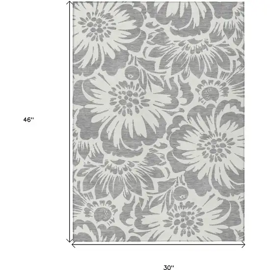 Gray and Ivory Floral Washable Non Skid Indoor Outdoor Area Rug Photo 3