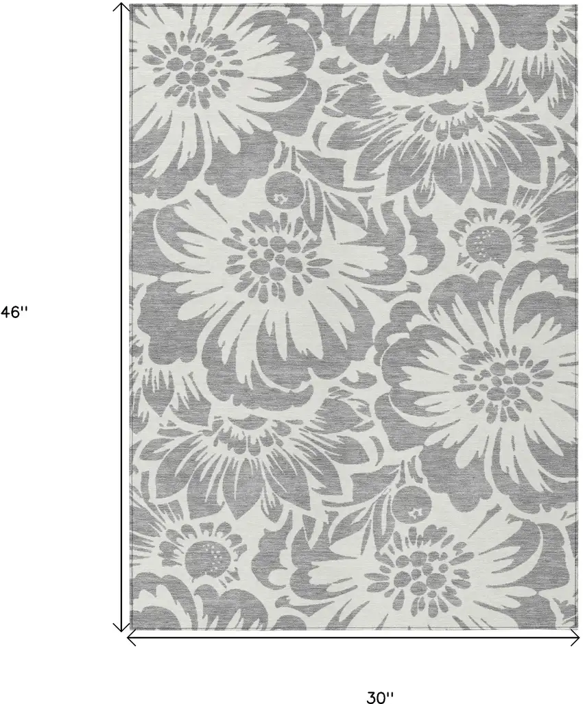 Gray and Ivory Floral Washable Non Skid Indoor Outdoor Area Rug Photo 3