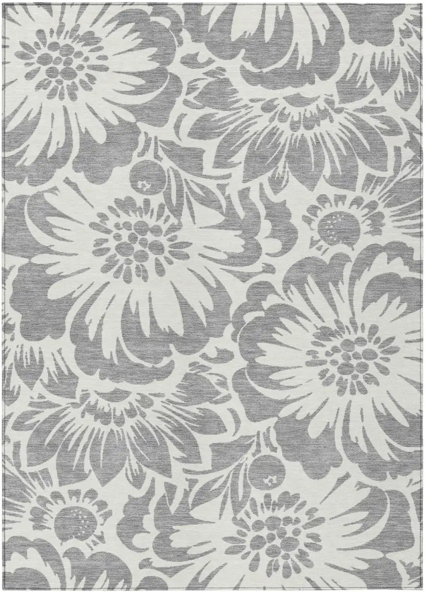 Gray and Ivory Floral Washable Non Skid Indoor Outdoor Area Rug Photo 2
